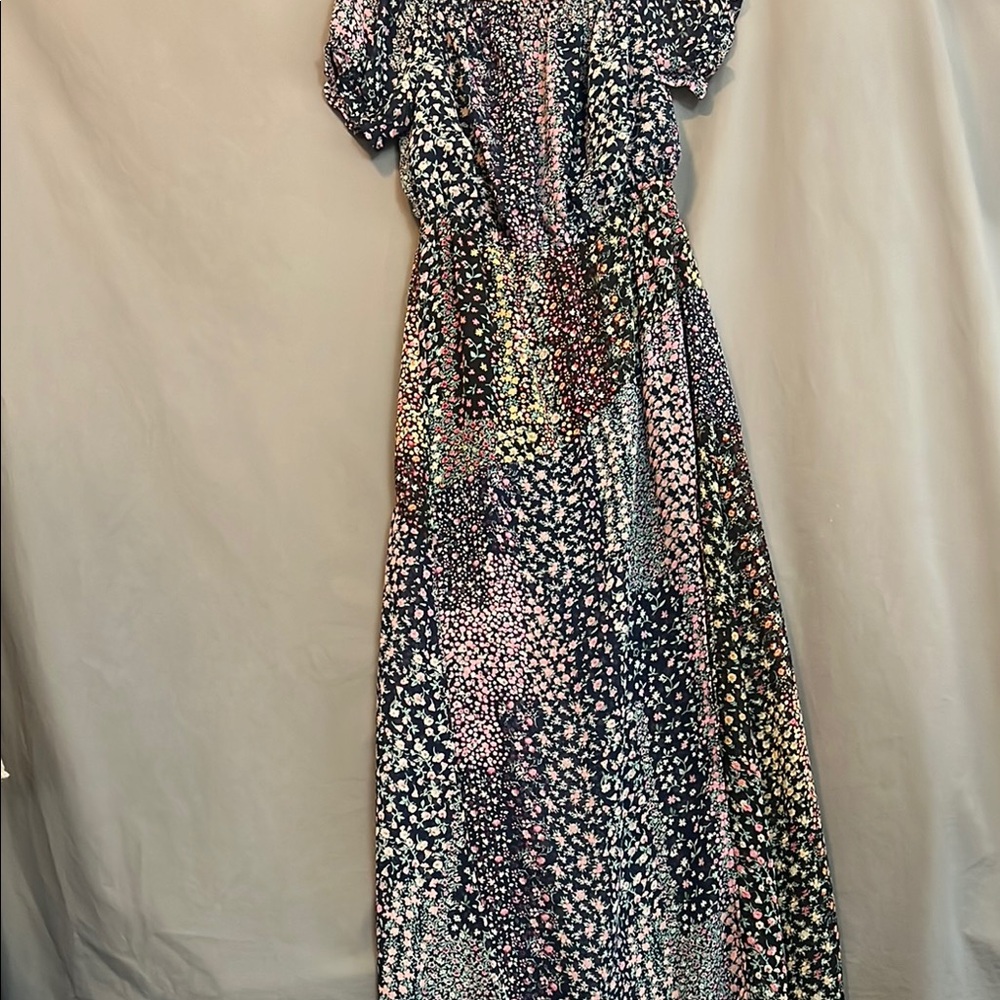 Lulu's Navy Floral Puff Sleeve Split Leg Maxi Sundress